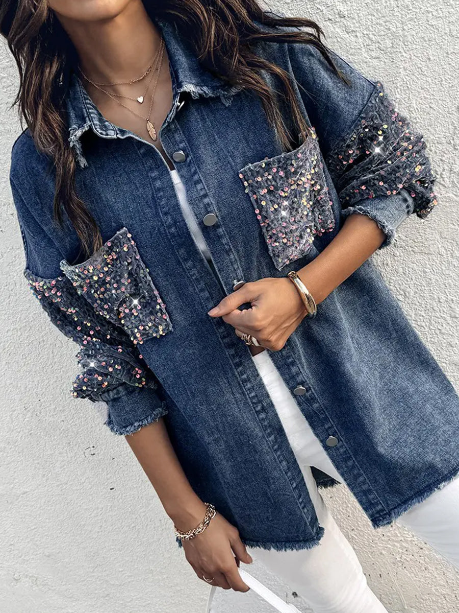 Fashion Blue Washed Denim Sequin Patch Pockets Long Sleeve Raw Edge Jacket