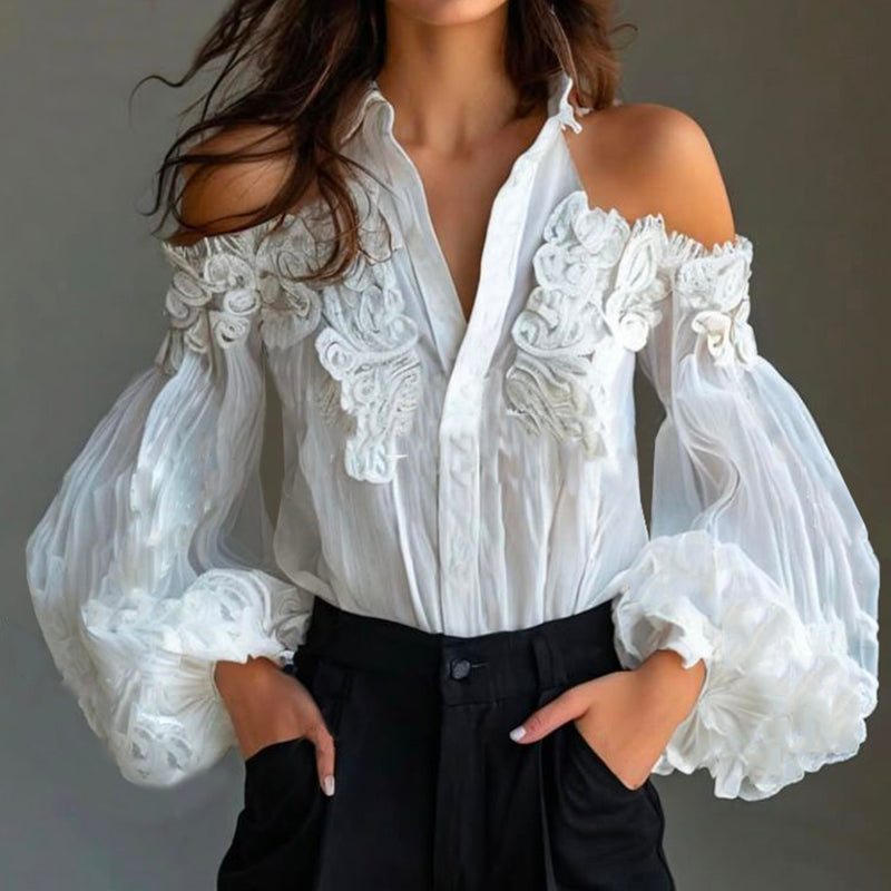 Ursiime Shirt Collar Cold Shoulder Puff Sleeve Button Blouse