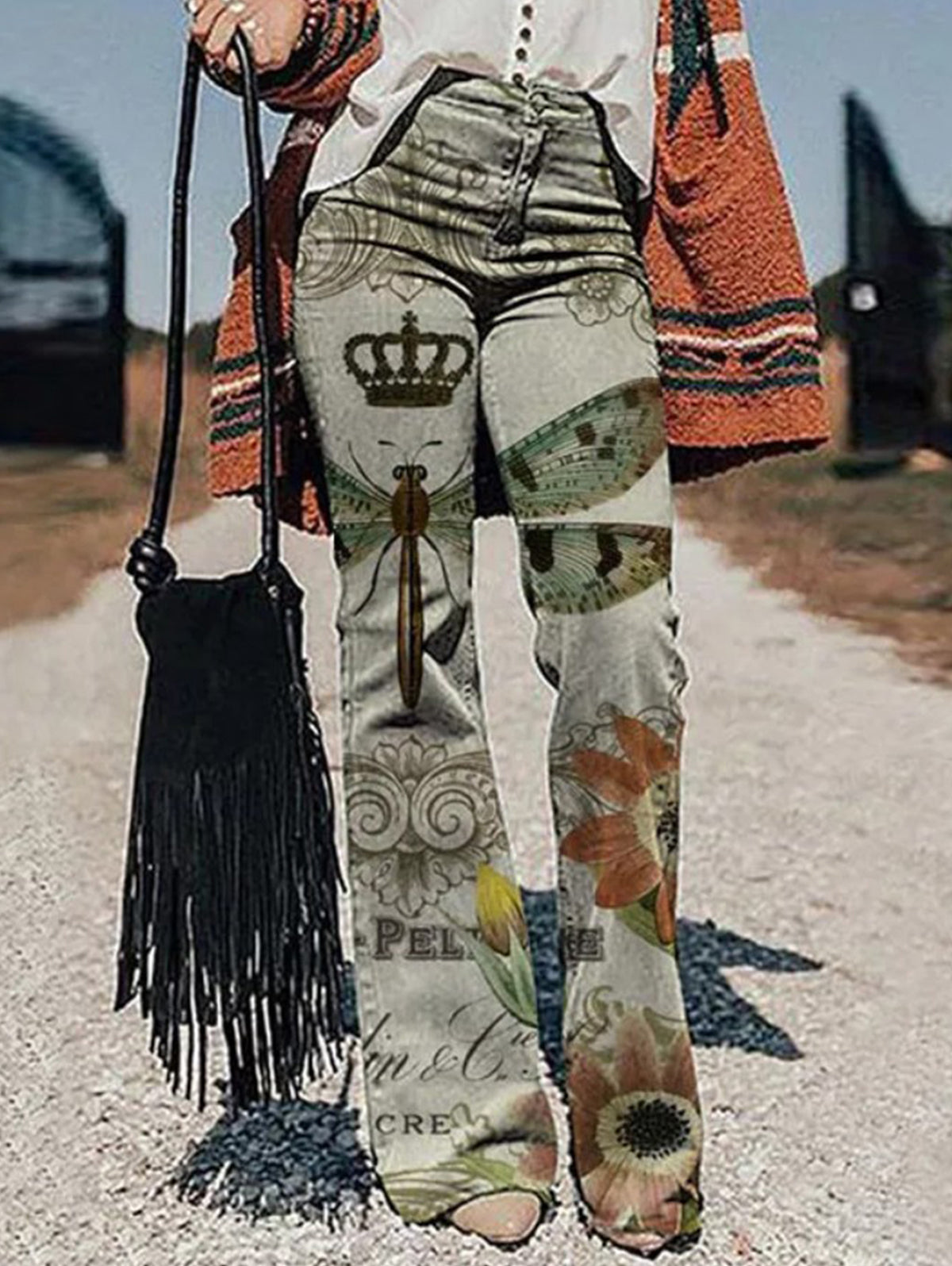 Vintage Allover Pattern High Waist Slant Pocket Flare Leg Pants