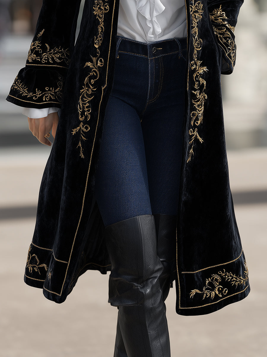 Ursiime Vintage Black Velvet Floral Embroidery Flare Sleeve Long Coat