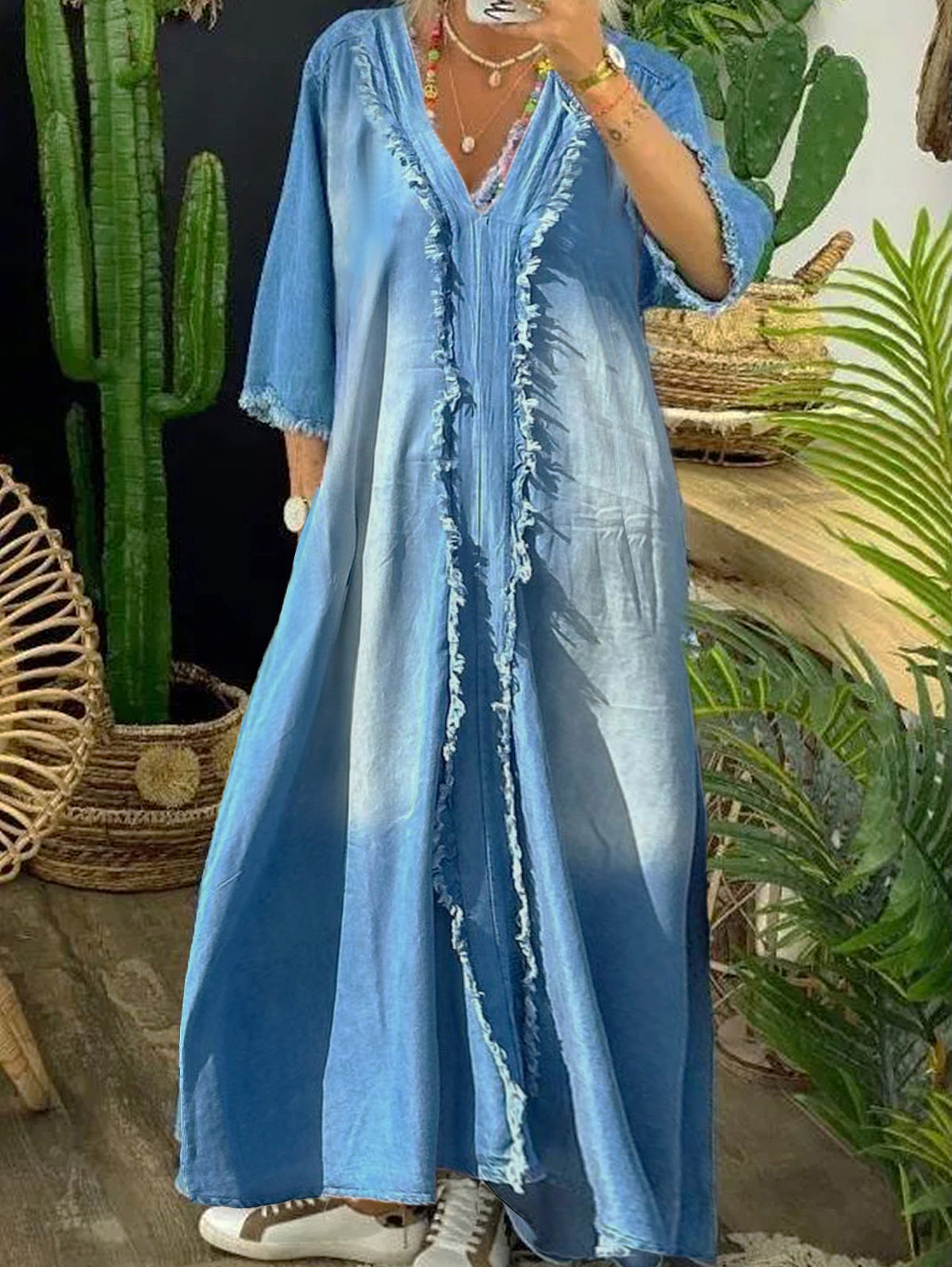 Ursiime Denim Raw Trim V Neck 3/4 Sleeve Maxi Dress