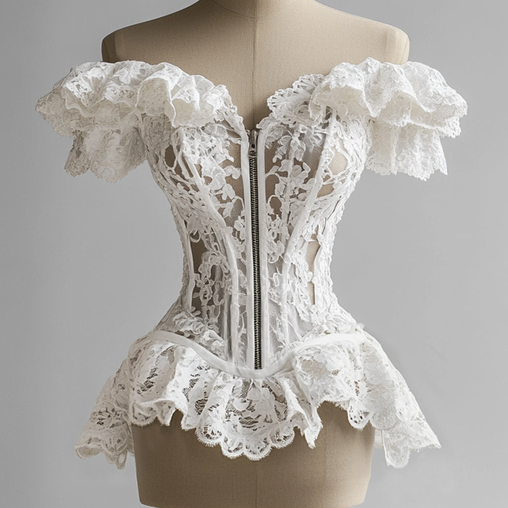 Ursiime Lace Ruffle Off Shoulder Zip Up Blouse