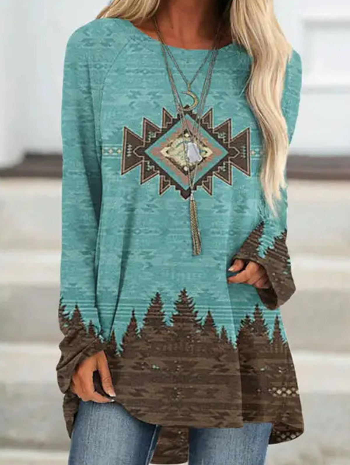Ethnic Retro Print Crew Neck Long Sleeve T-Shirt