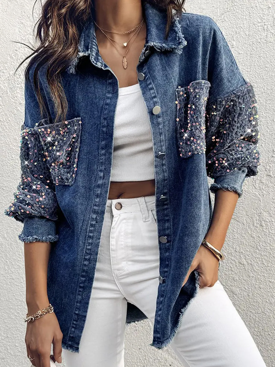 Fashion Blue Washed Denim Sequin Patch Pockets Long Sleeve Raw Edge Jacket