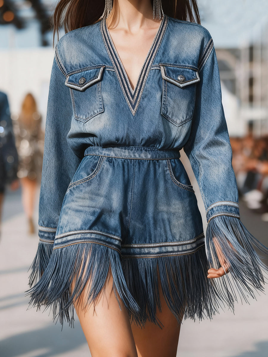 Ursiime Daily Blue V Neck Long Sleeve Strappy Casual Fold Denim Jumpsuits