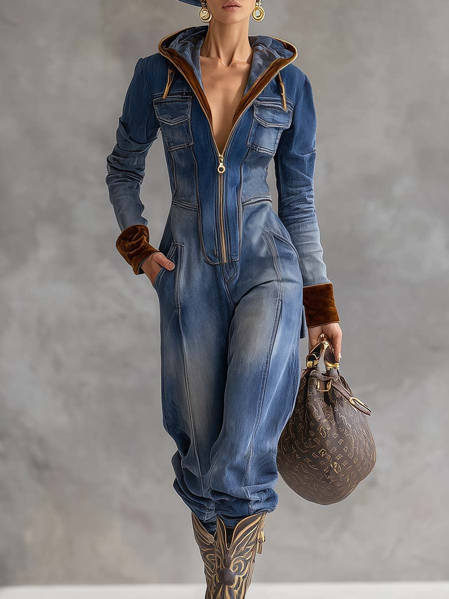 Ursiime Daily Velvet Blue Patchwork Hooded Long Sleeve Zipper Vintage Pocket Denim Jumpsuits [Pre-Order]