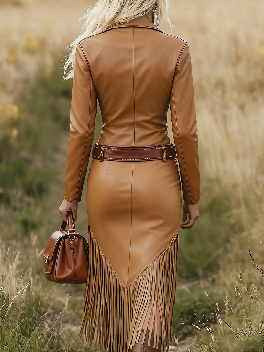 Ursiime Daily Brown Shirt Collar Long Sleeve Strappy Western Zipper PU Leather Midi Dresses [Pre-Order]