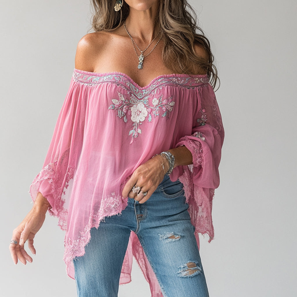 Ursiime Floral Pattern Off Shoulder Long Sleeve Lace Asymmetrical Blouse