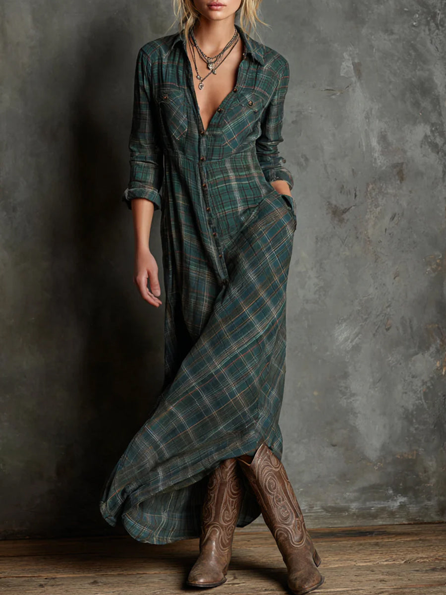Casual Dark Green Plaid Shirt Collar Long Sleeve Button Pocket Maxi Dress