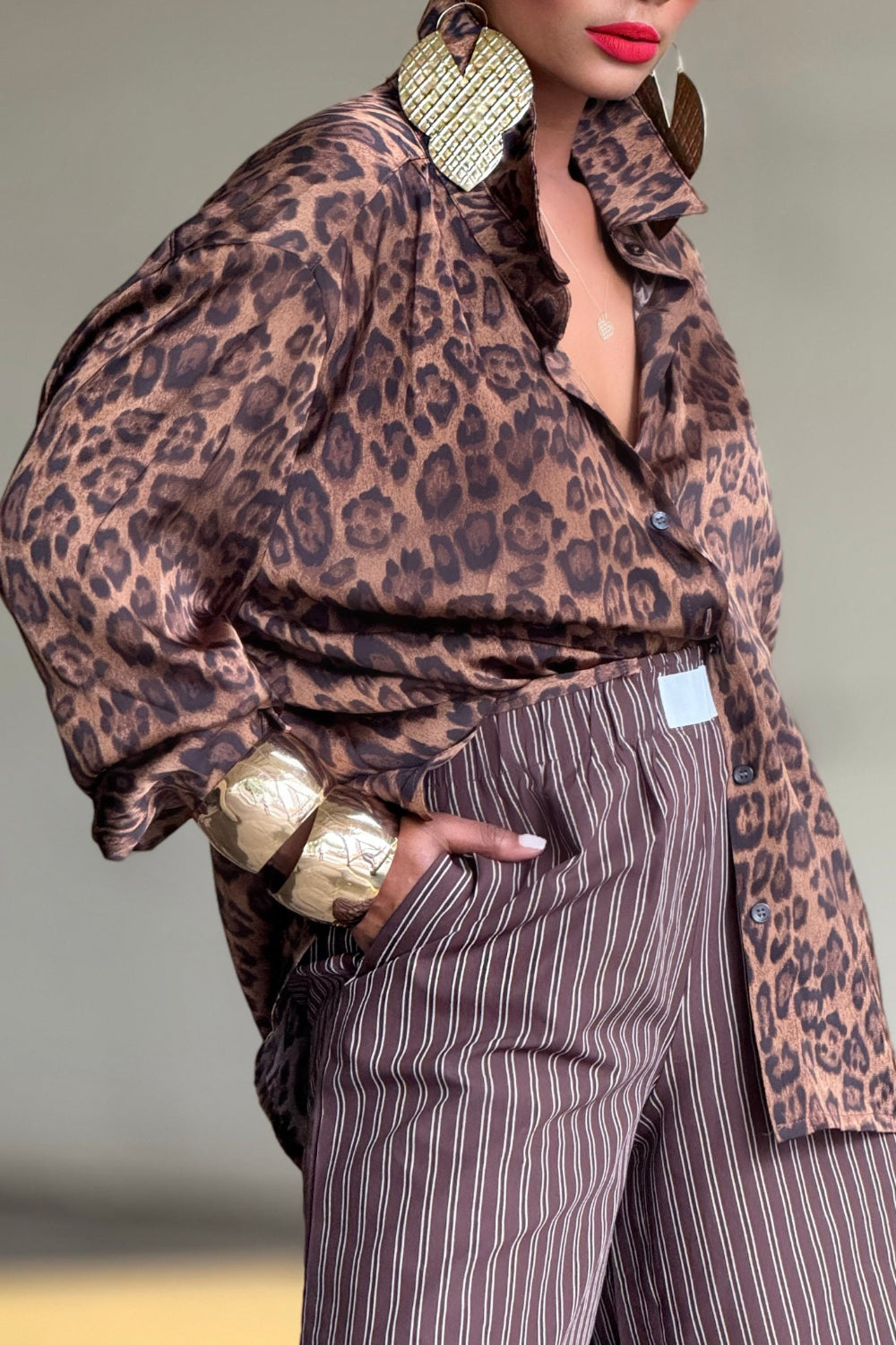 Ursiime Design Daily Brown Leopard Shirt Collar Long Sleeve Pocket Vintage Blouses [Pre-Order]