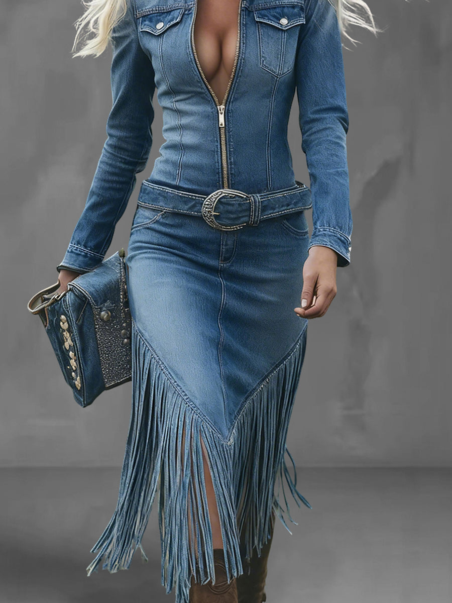 Ursiime Western Blue Shirt Collar Long Sleeve Half Zip Fringe Hem Denim Midi Dress