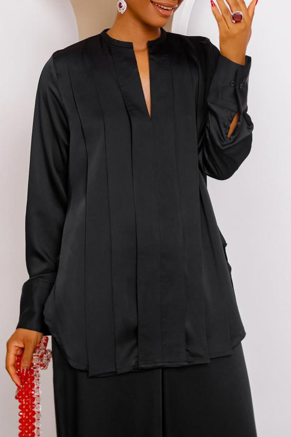 Ursiime Design Business Casual Black Stand-Up Collar Long Sleeve Pleated Elegant Pocket Two Piece Pant Sets [Pre-Order]