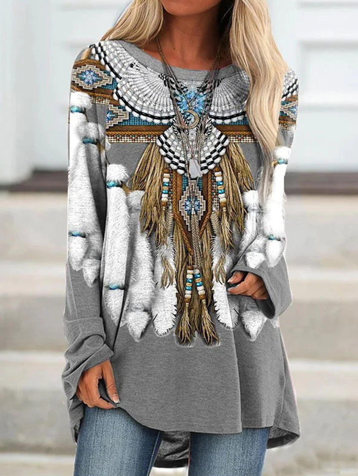 Ethnic Retro Print Crew Neck Long Sleeve T-Shirt