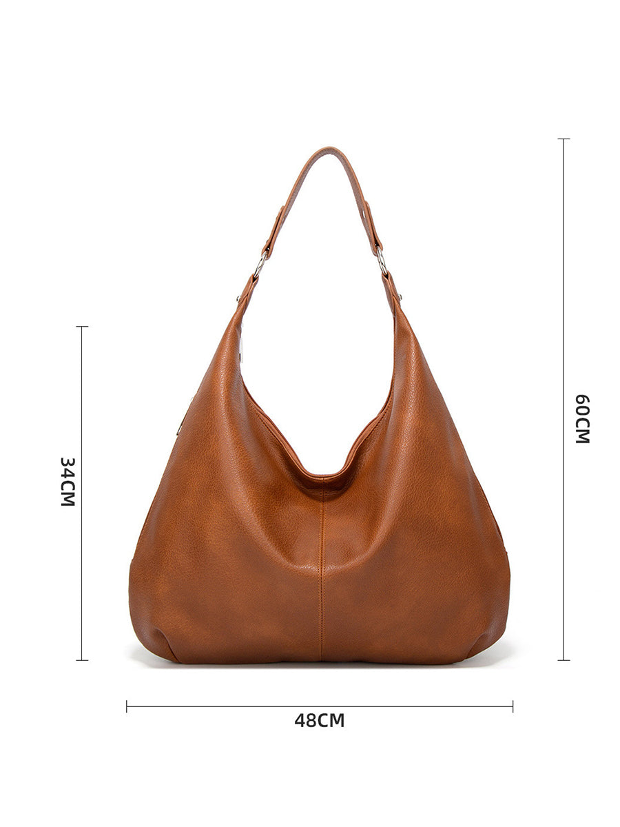 Casual Brown PU Leather Adjustable Strap Side Zip Pocket Hobo Bag