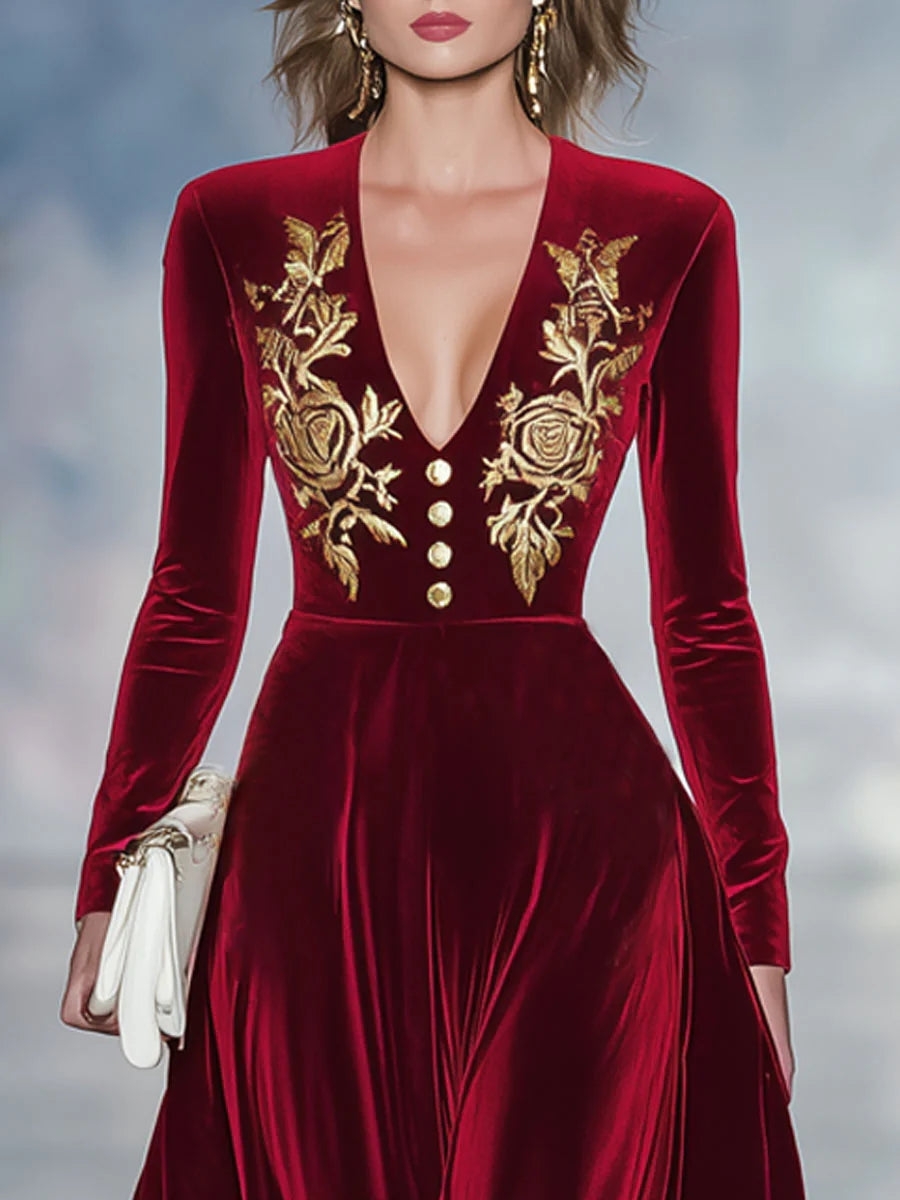 Ursiime Party Burgundy V Neck Long Sleeve Embroidery Casual Button Velvet Maxi Dresses [Pre-Order]
