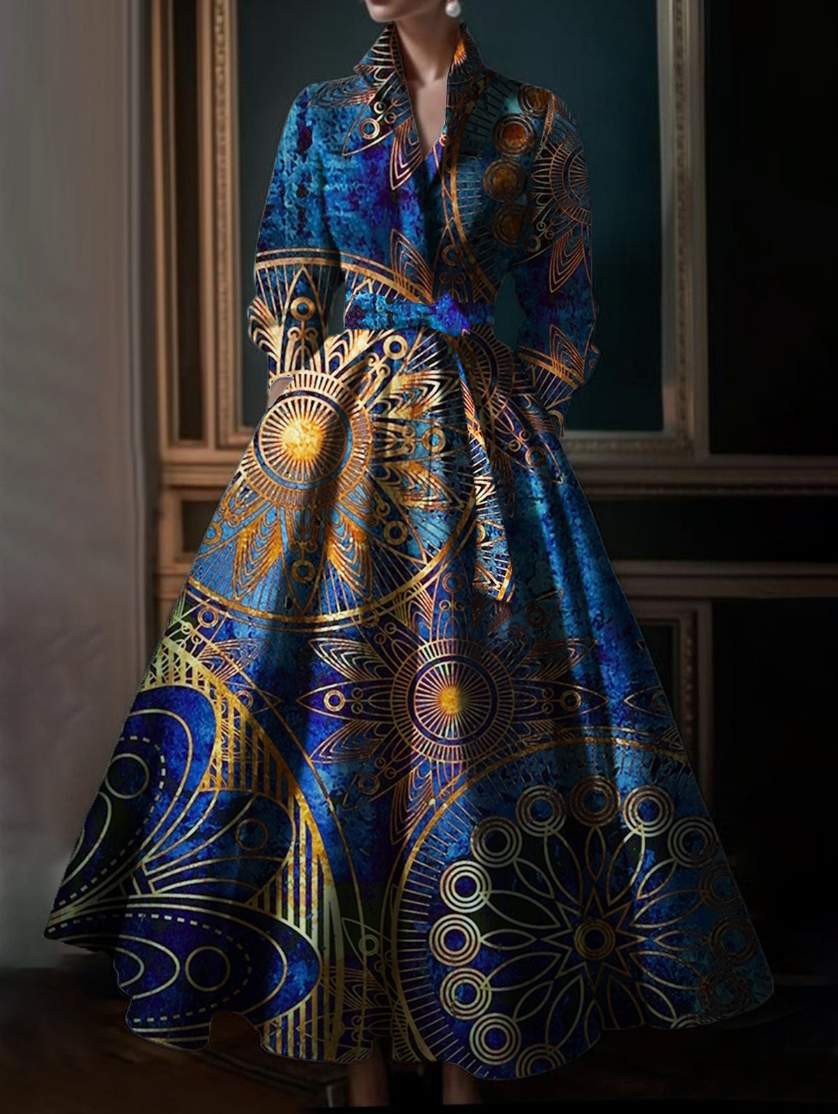 Ursiime Fashion Allover Pattern Stand Collar Belt Pocket Maxi Dress