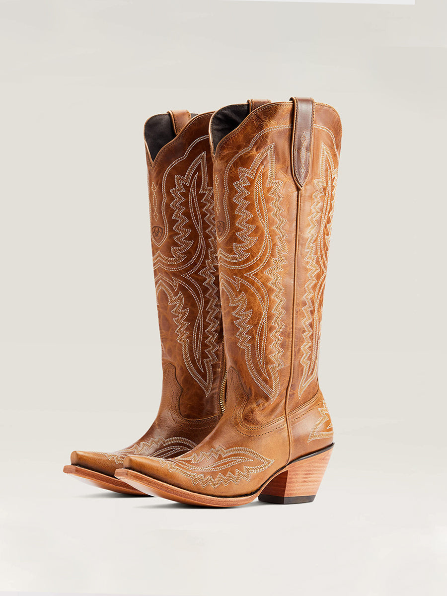 Western Yellow Brown PU Leather Leaf Stitched Patterns Pointed Toe Chunky Heel Boots