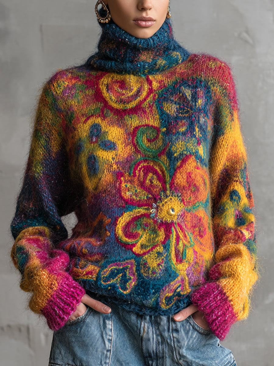 Ursiime Daily Multicolor Tribal High Collar Long Sleeve Boho Mohair Sweaters