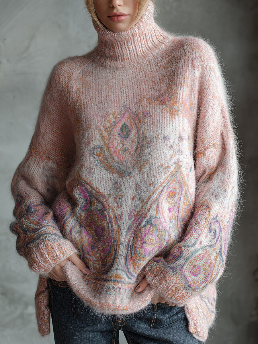 Ursiime Daily Pink Paisley High Collar Long Sleeve Trimmings Vintage Mohair Sweaters [Pre-Order]