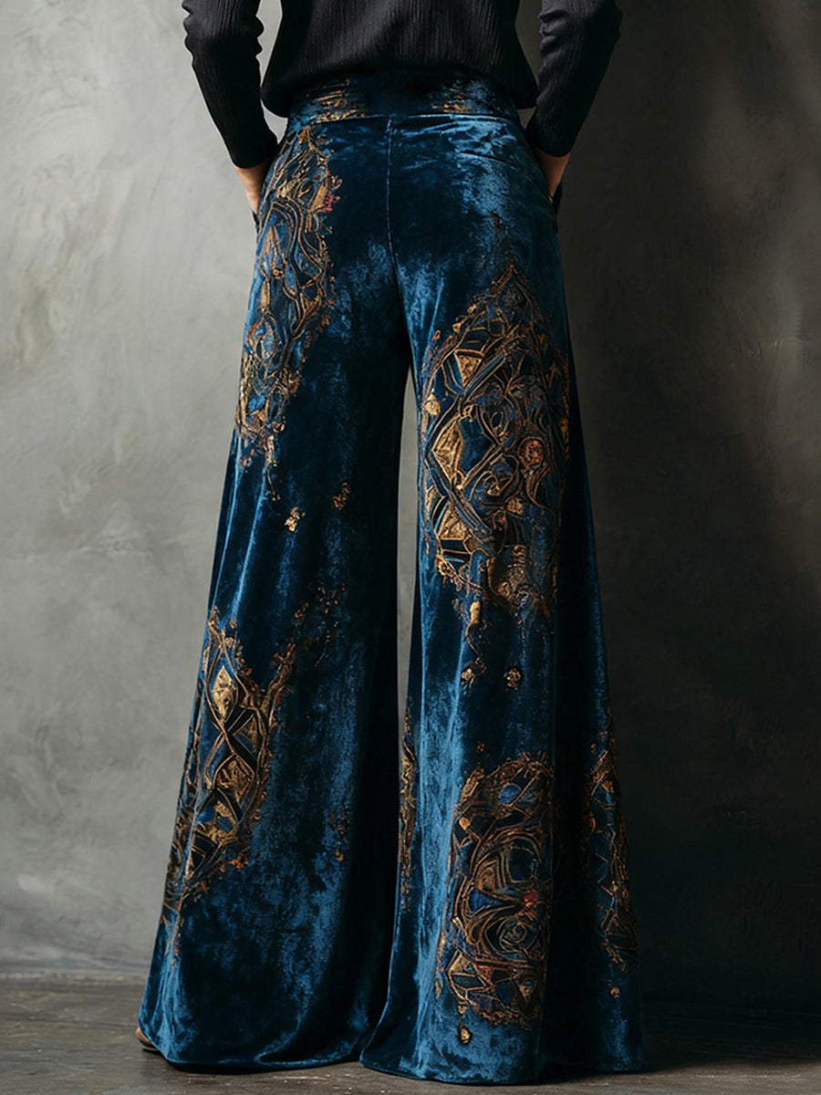 Ursiime Velvet Ethnic Print High Rise Slant Pocket Wide Leg Pants