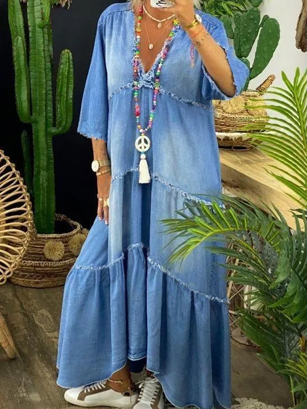 Casual Denim Washed Raw Trim V Neck Midi Dress