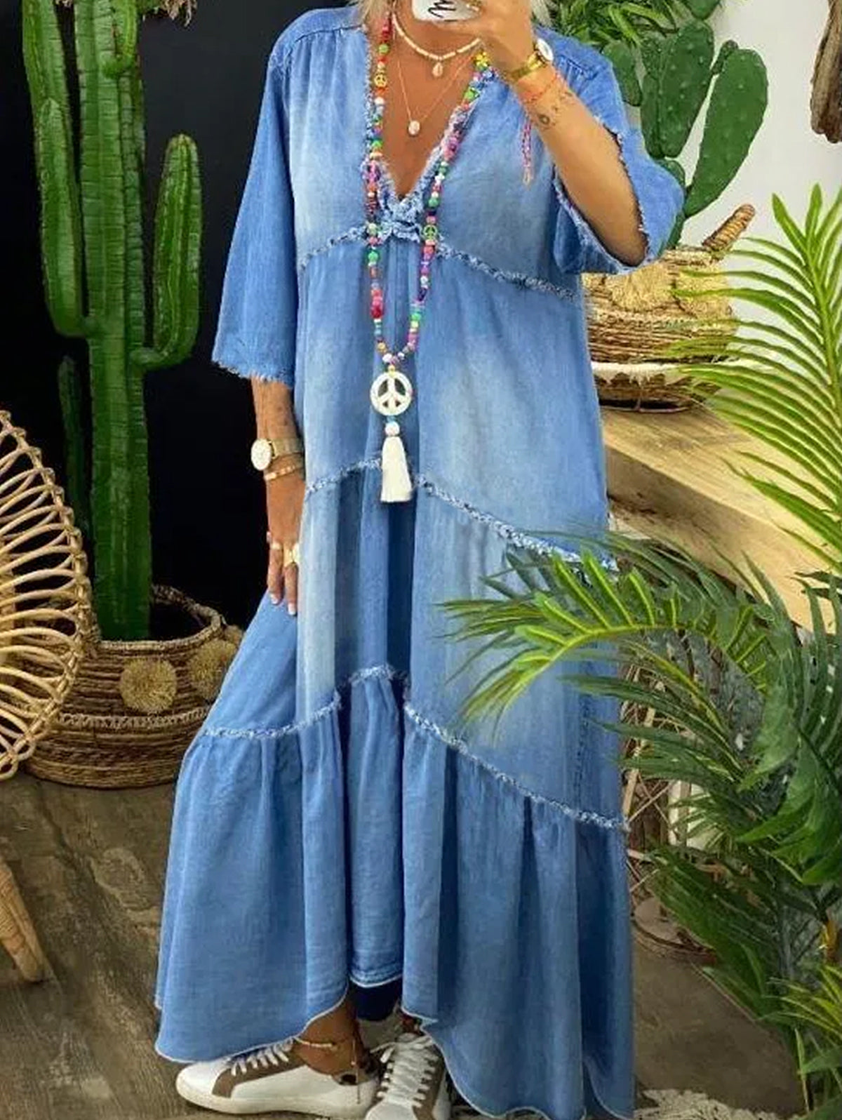 Casual Denim Washed Raw Trim V Neck Midi Dress
