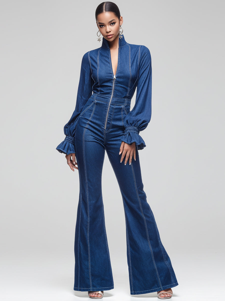 Ursiime Business Casual Blue Stand-Up Collar Flare Long Sleeve Smocking Casual Zipper Tencel Denim Jumpsuits