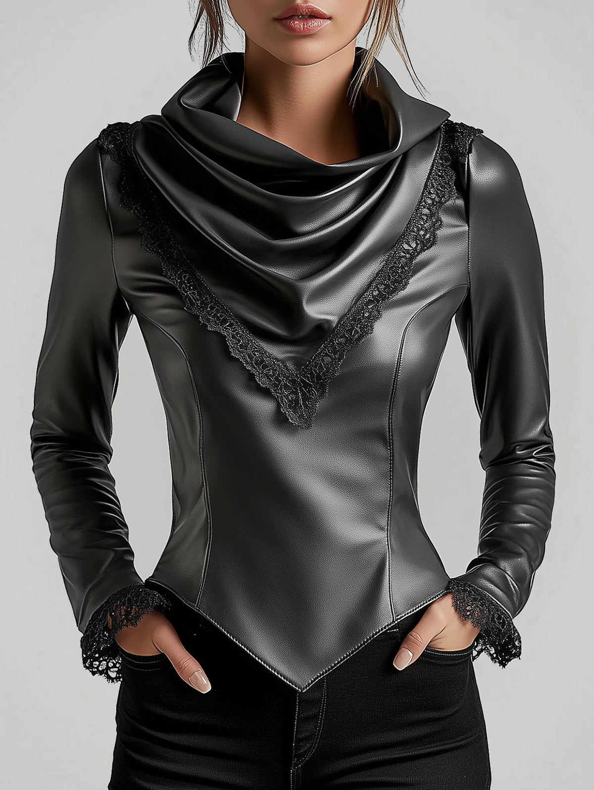 Ursiime Cowl Neck Lace Trim Long Sleeve PU Leather Blouse