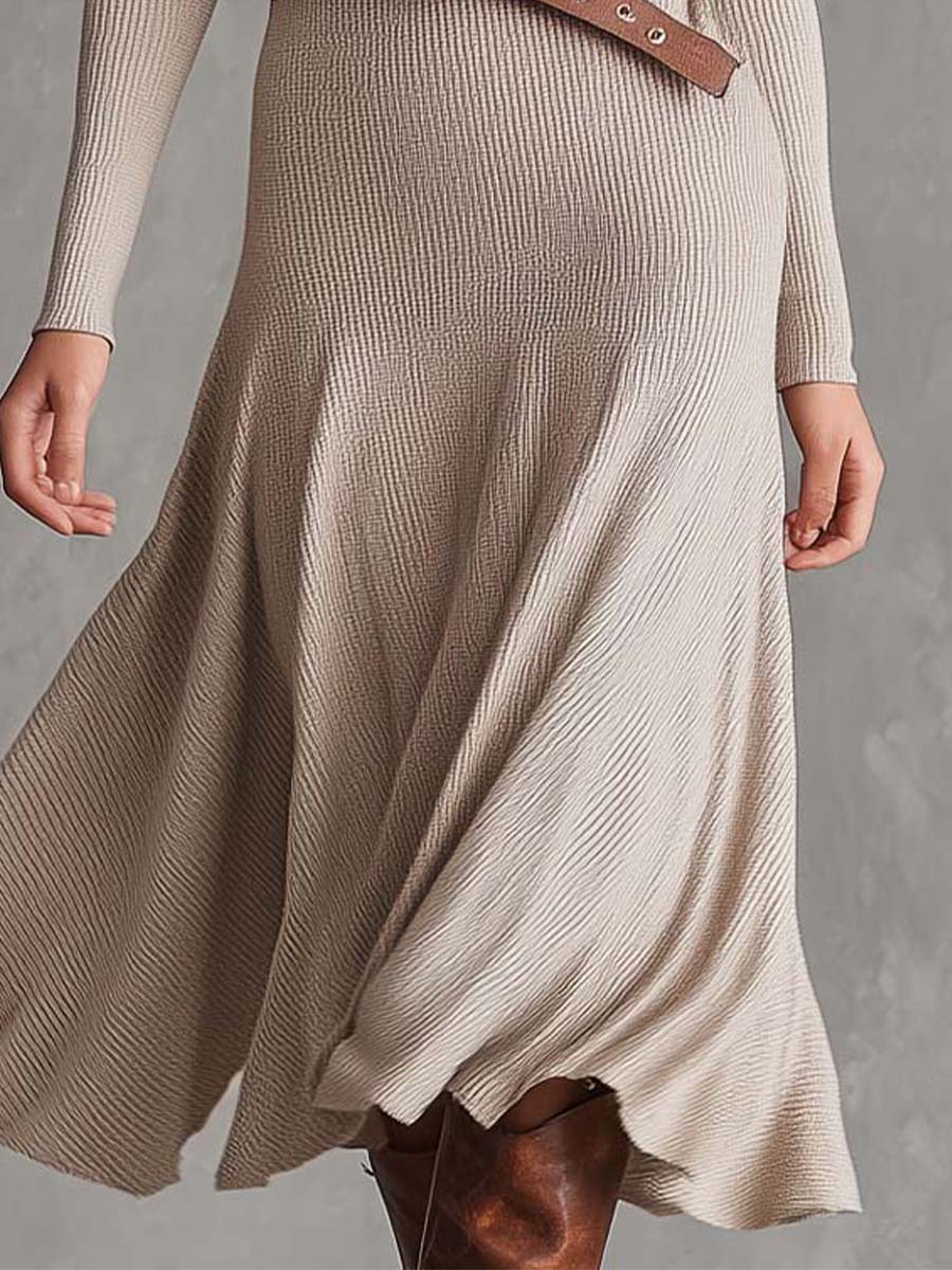 Casual Beige Turtleneck Long Sleeve Knit A-Line Midi Dress
