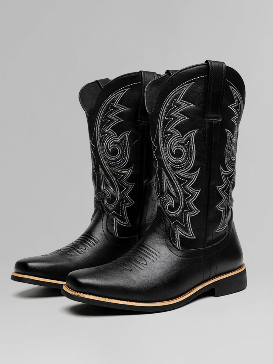 Retro Brown PU Leather Embroidered Square Toe Western Cowboy Boots