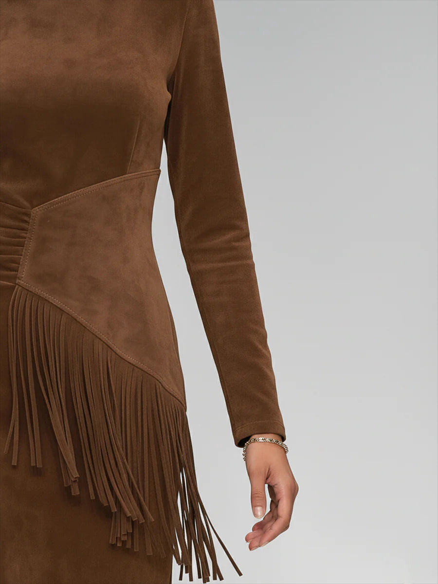 Ursiime Business Casual Brown Round Neck Long Sleeve Strappy Casual Midi Dresses