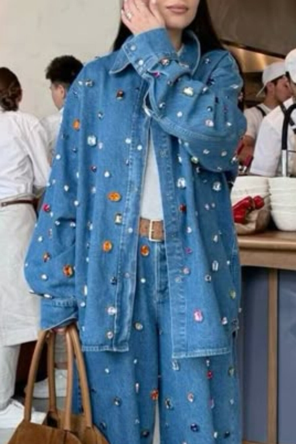 Ursiime Design Party Blue Shirt Collar Long Sleeve Drilling Casual Denim Jacket [Pre-Order]