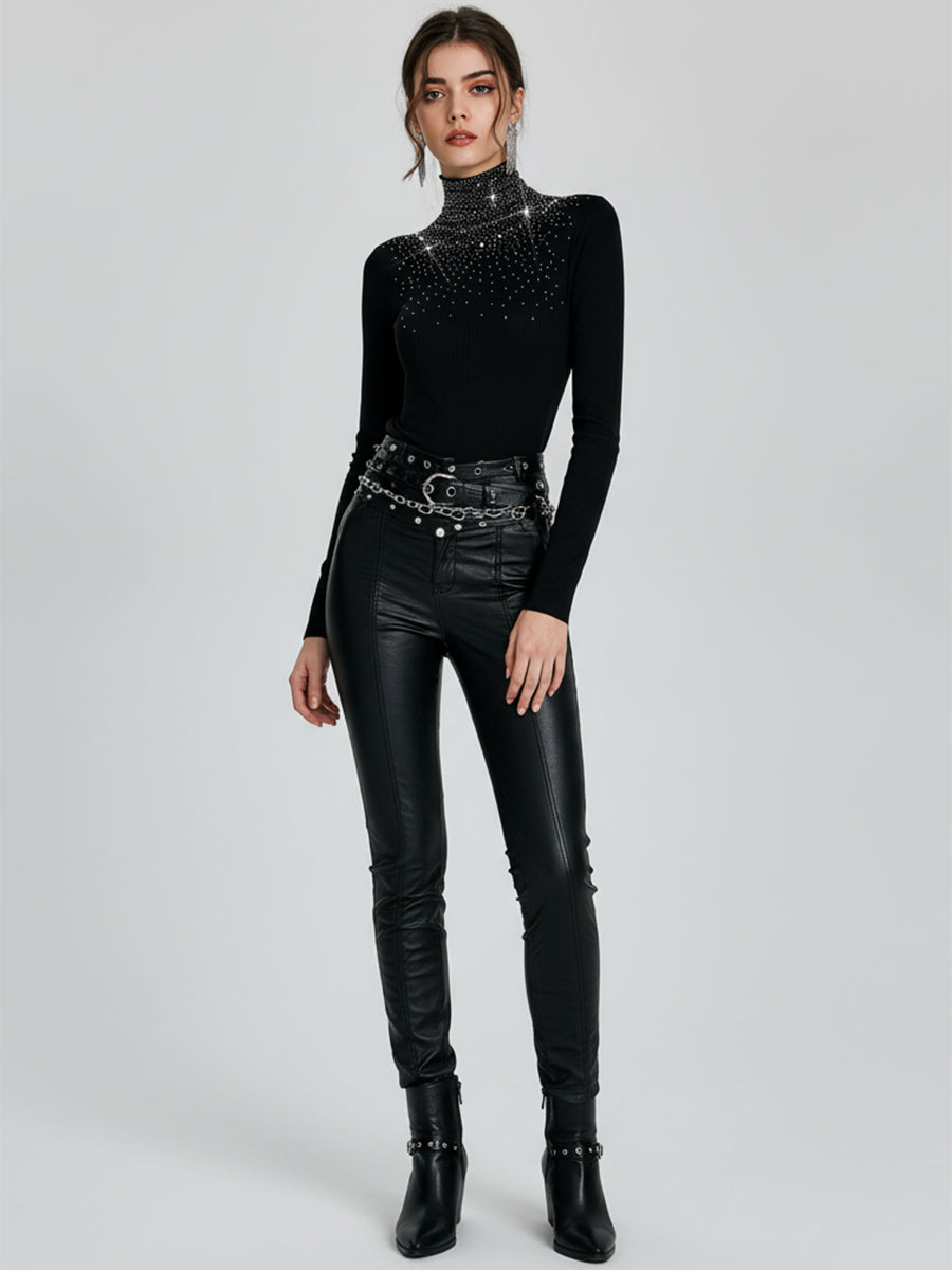 Ursiime Business Casual Black High Collar Long Sleeve Drilling Casual Sweaters