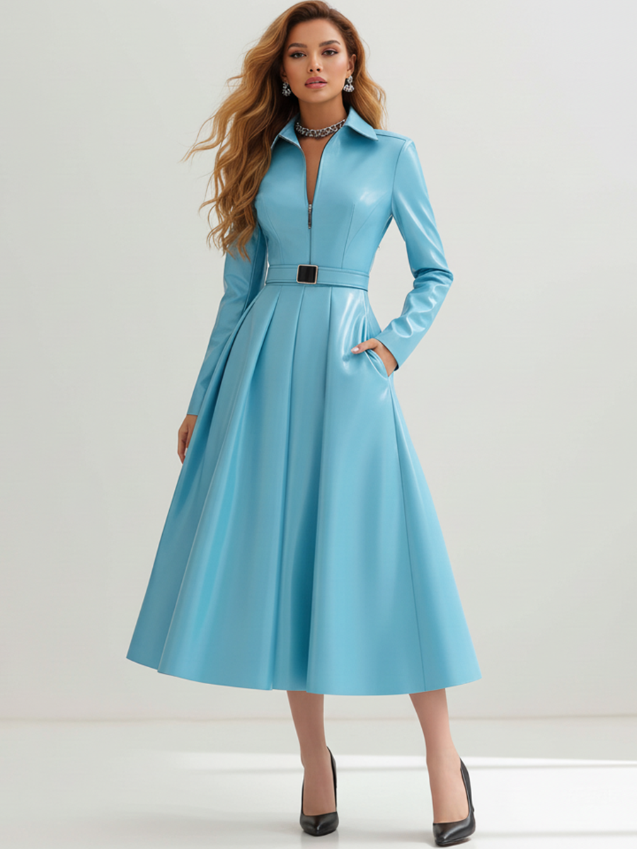 Ursiime Daily Blue Turndown Collar Long Sleeve Pocket Casual Zipper PU Leather Midi Dresses [Pre-Order]
