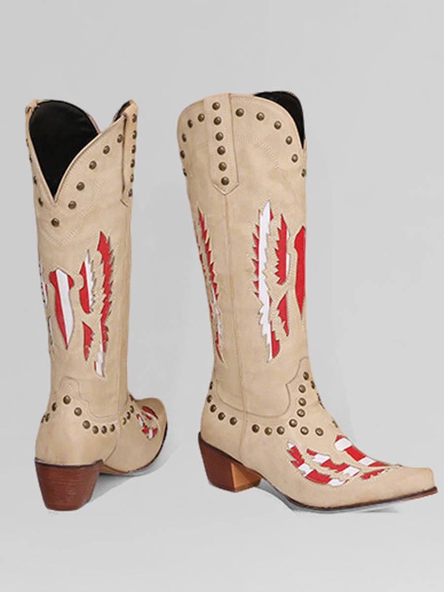 Western Apricot PU Leather Colorblock Studded Pointed Toe Cowboy Boots