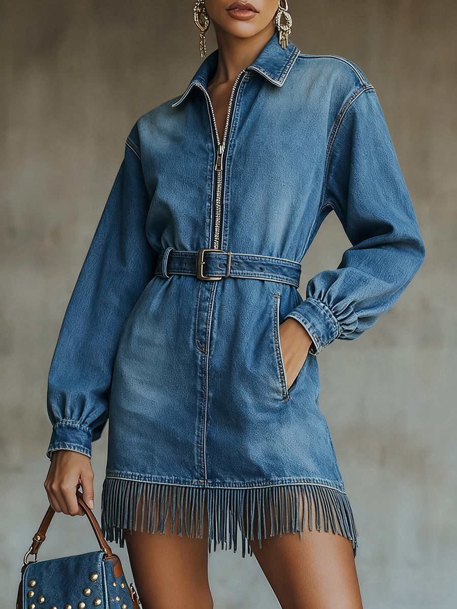 Ursiime Daily Blue Shirt Collar Long Sleeve Strappy Casual Pocket Denim Mini Dresses