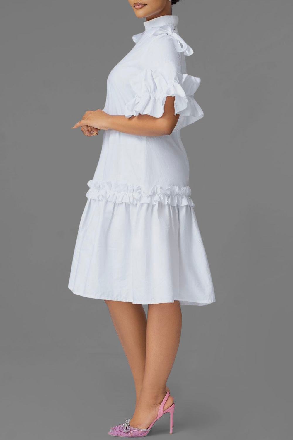 Ursiime Design Business Casual White Shirt Collar Short Sleeve Ruffle Elegant Midi Dresses [Pre-Order]