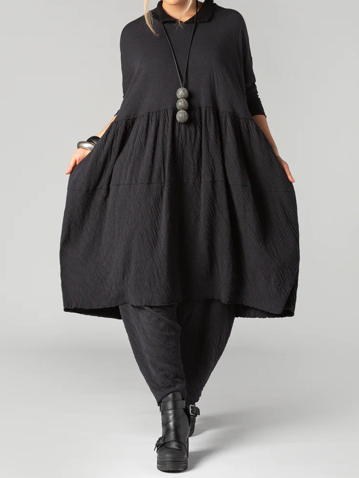 Casual Textured Plain Doll Collar Long Sleeve Midi Dress