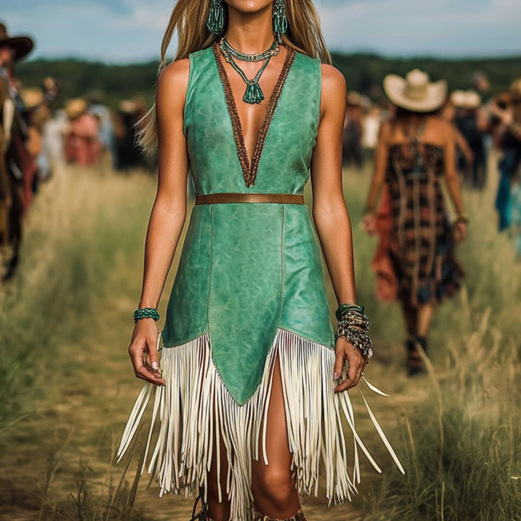 Ursiime Western Patterned Deep V Neck Sleeveless Fringe Midi Dress