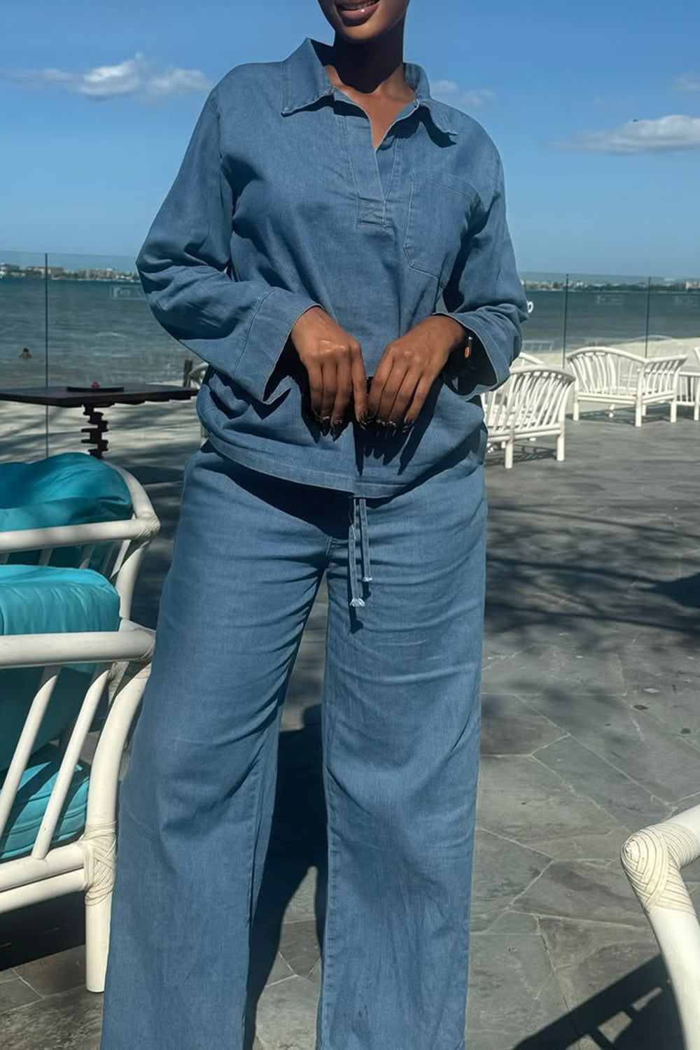 Ursiime Design Business Casual Blue Shirt Collar Long Sleeve Pocket Casual Tencel Denim Two Piece Pant Sets [Pre-Order]