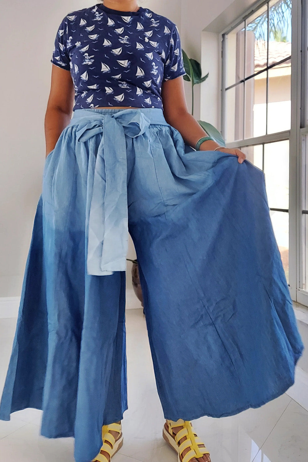 Ursime Design Business Casual Blue Gradient Wide Leg Casual Wrap Pants [Pre-Order]