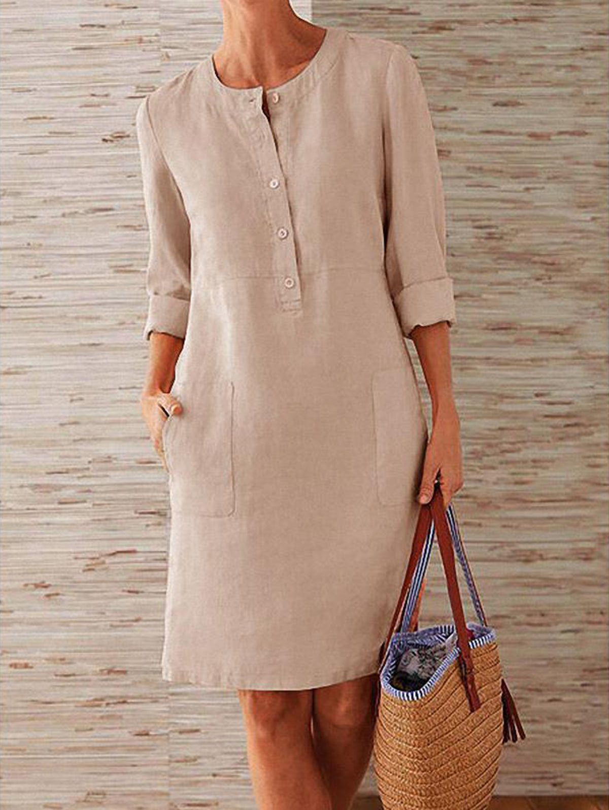 Daily Solid Half Button Long Sleeve Pocket Midi Dress