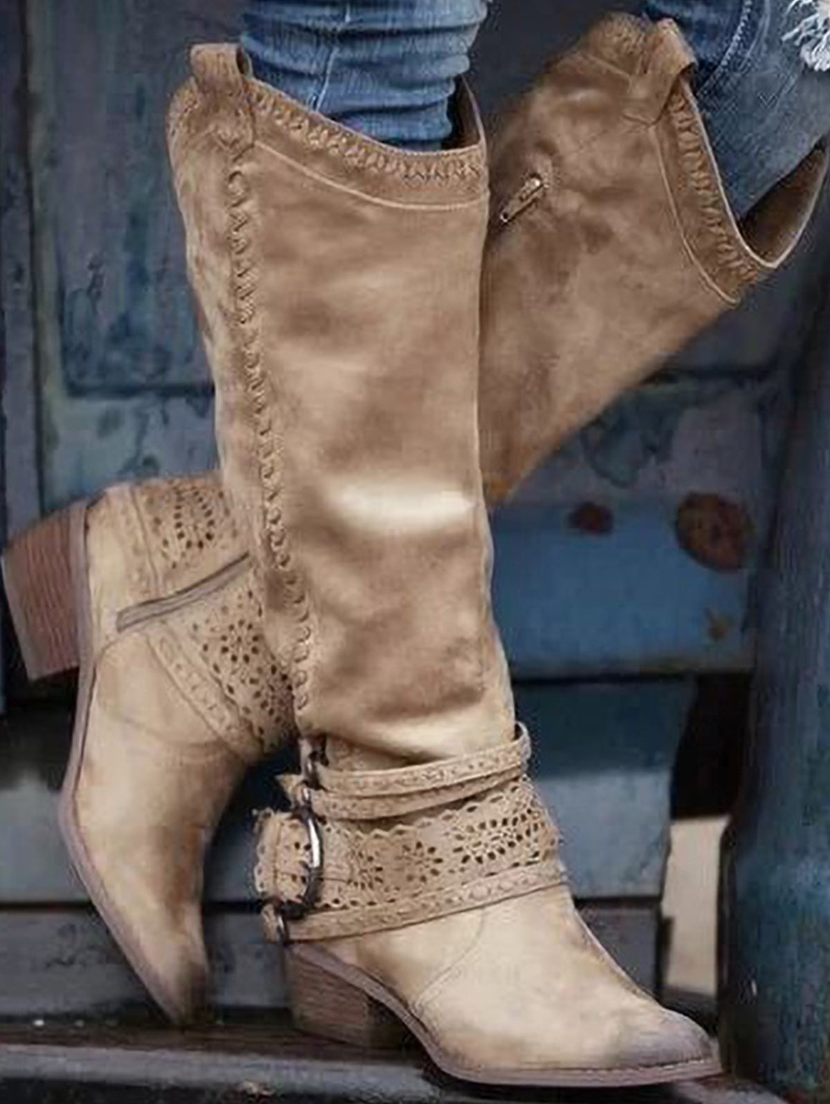 Vintage Lace Belt Buckle Pointy Toe Cowgirl Knee High Boot