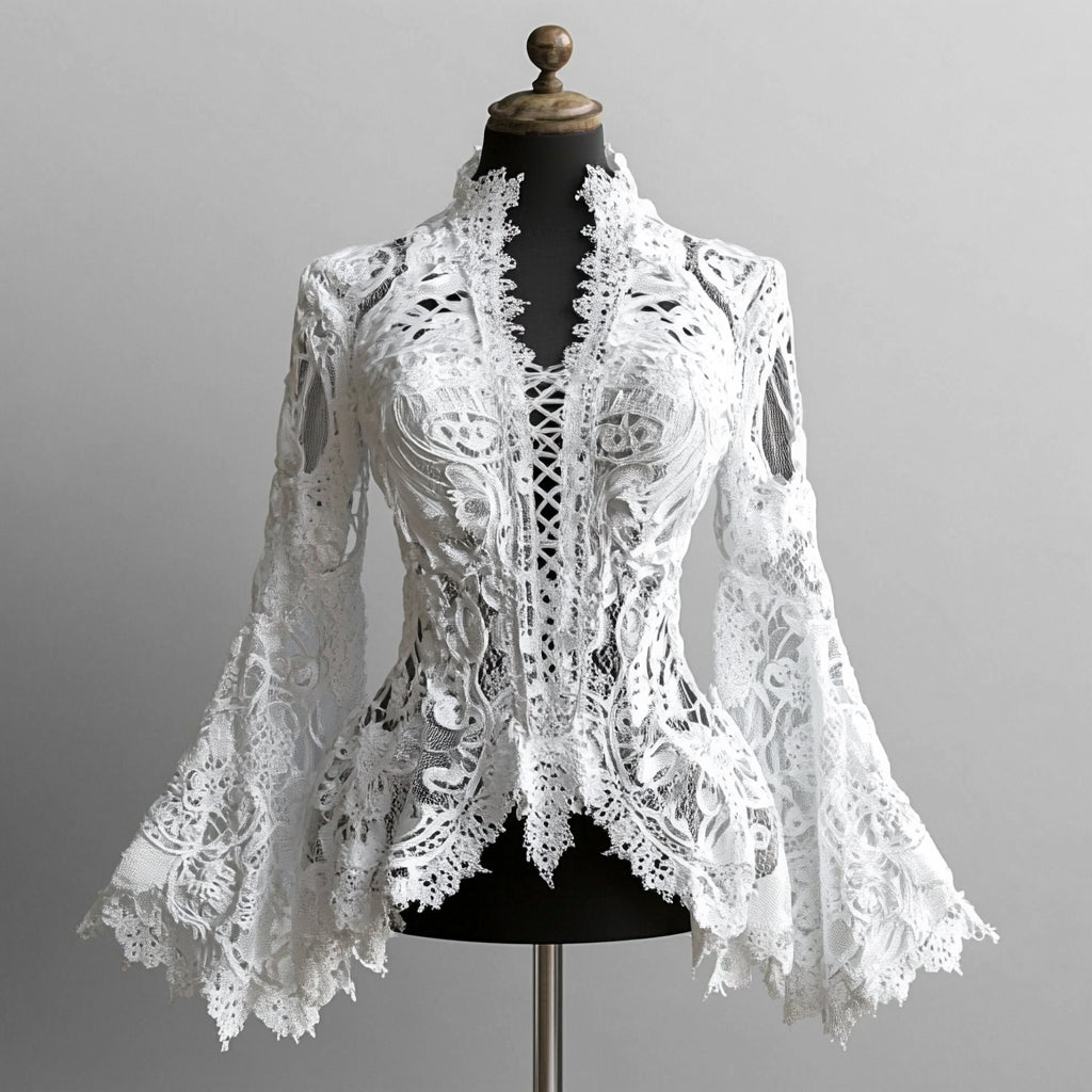 Ursiime Lace Hollow Out Flare Sleeve Lace-Up Blouse