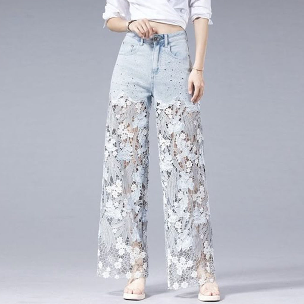Casual Floral Lace Patchwork Hollow Out Straight Denim Jeans