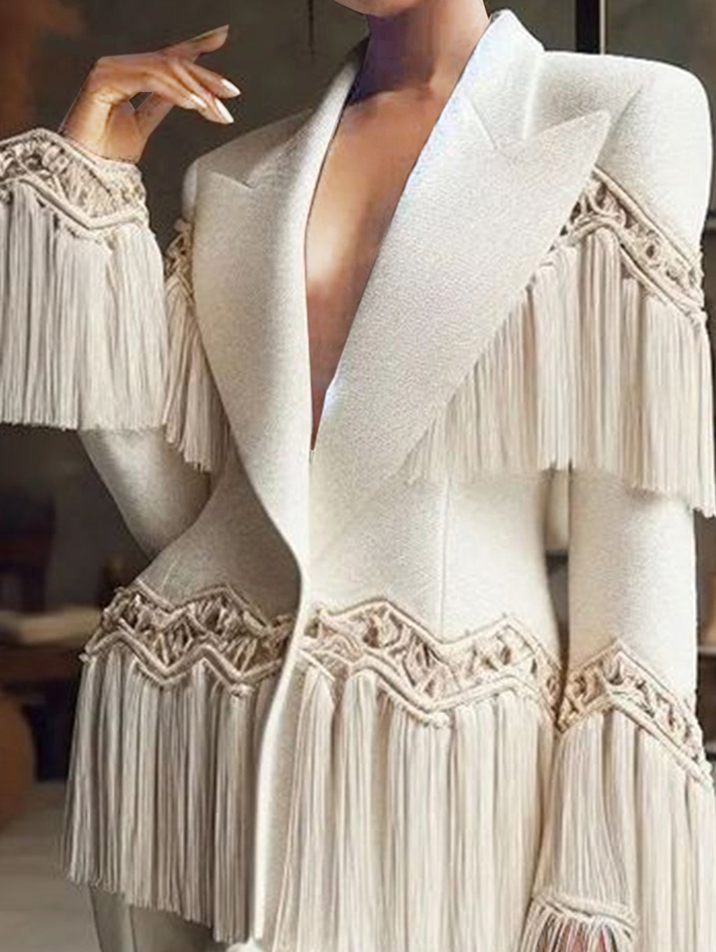 Formal Solid Peaked Lapel Long Sleeve Fringed Blazer