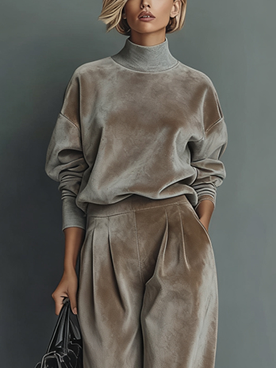 Ursiime Daily Grey High Collar Long Sleeve Pocket Casual Velvet Two Piece Pant Sets [Pre-Order]