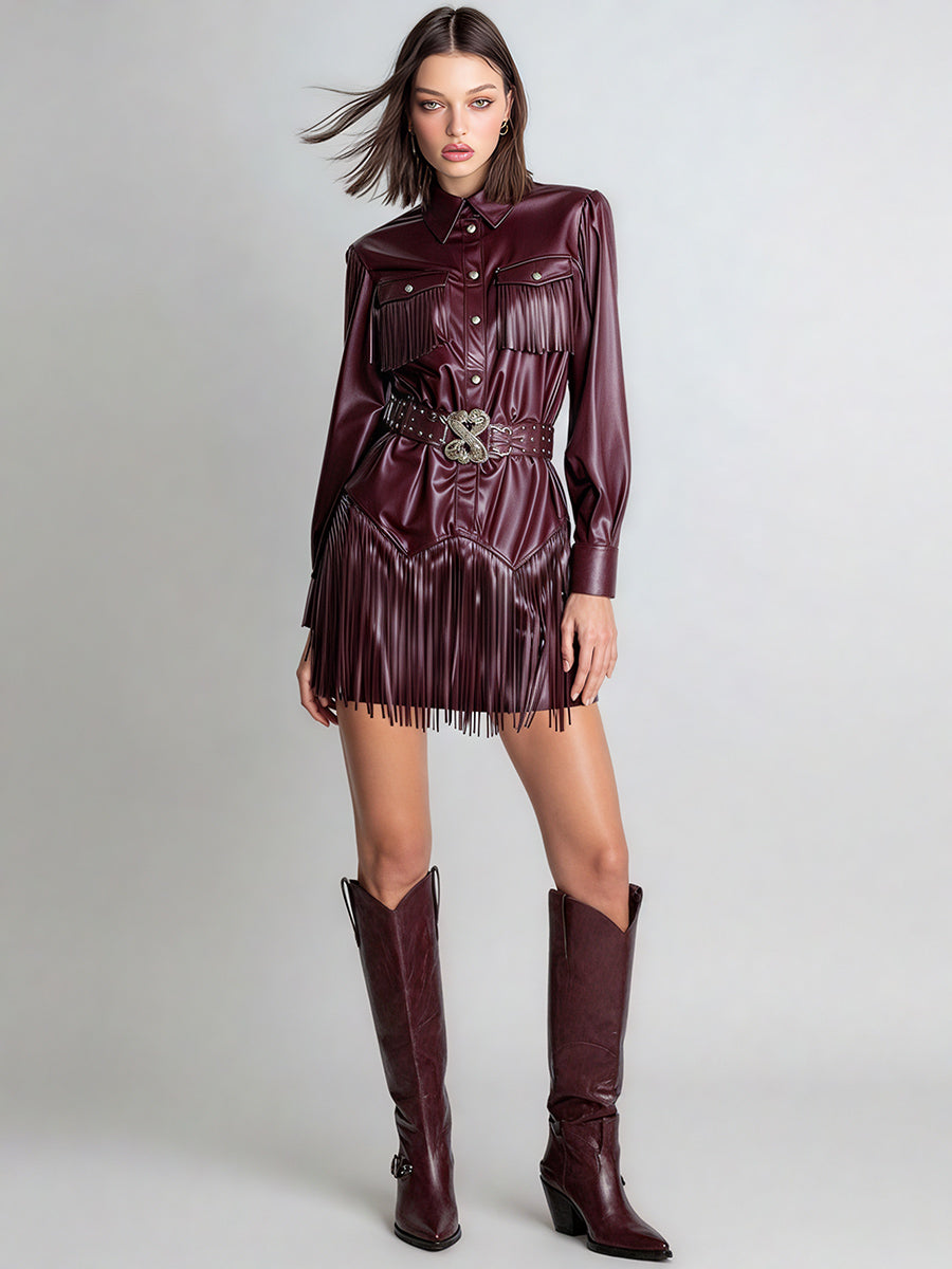 Ursiime Daily Burgundy Shirt Collar Long Sleeve Strappy Casual Button PU Leather Mini Dresses