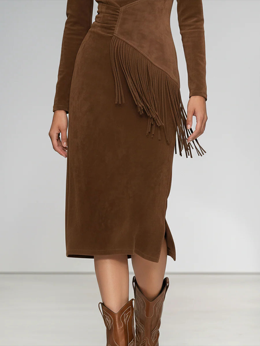 Ursiime Business Casual Brown Round Neck Long Sleeve Strappy Casual Midi Dresses