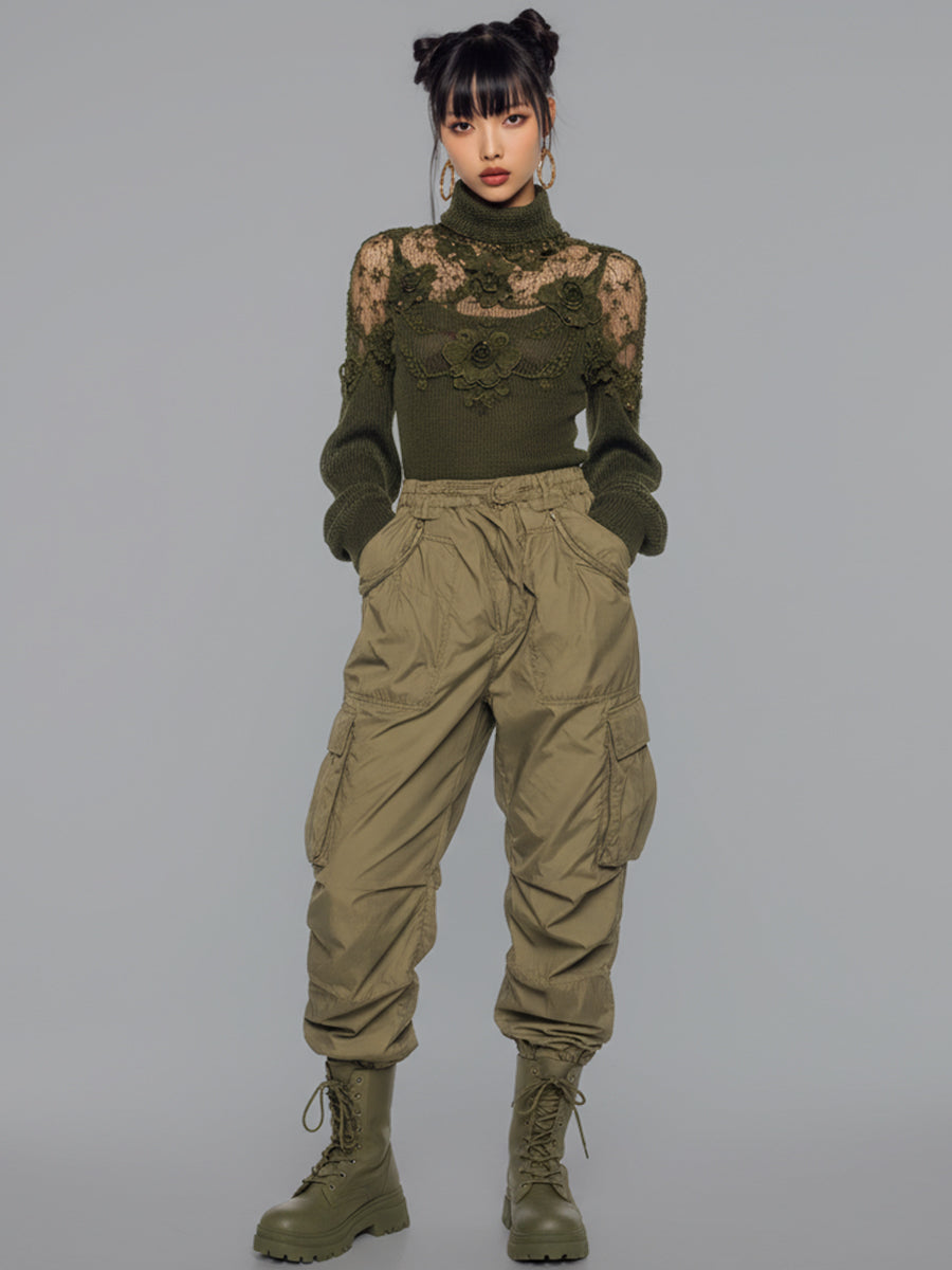 Ursiime Daily Lace Army Green High Collar Long Sleeve See Through Casual Contrast Rib Knit Sweaters [Pre-Order]